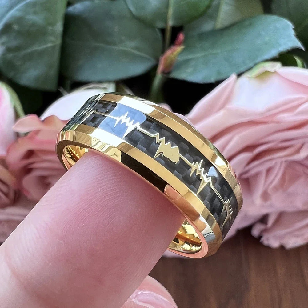 Anillos de compromiso de carburo de tungsteno con incrustaciones de corazÃƒÂ³n de fibra de carbono negra de 8mm a la moda, alianzas de boda con cÃƒÂºpula, pulido, brillante, ajuste cÃƒÂ³modo