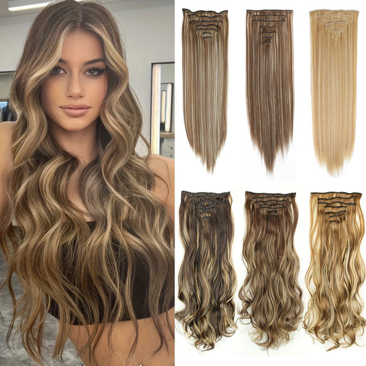 7 unids/set 16 Clips extensiÃƒÂ³n de cabello negro largo liso pelo Natural Ombre peluca fibra resistente al calor para peinado de mujer