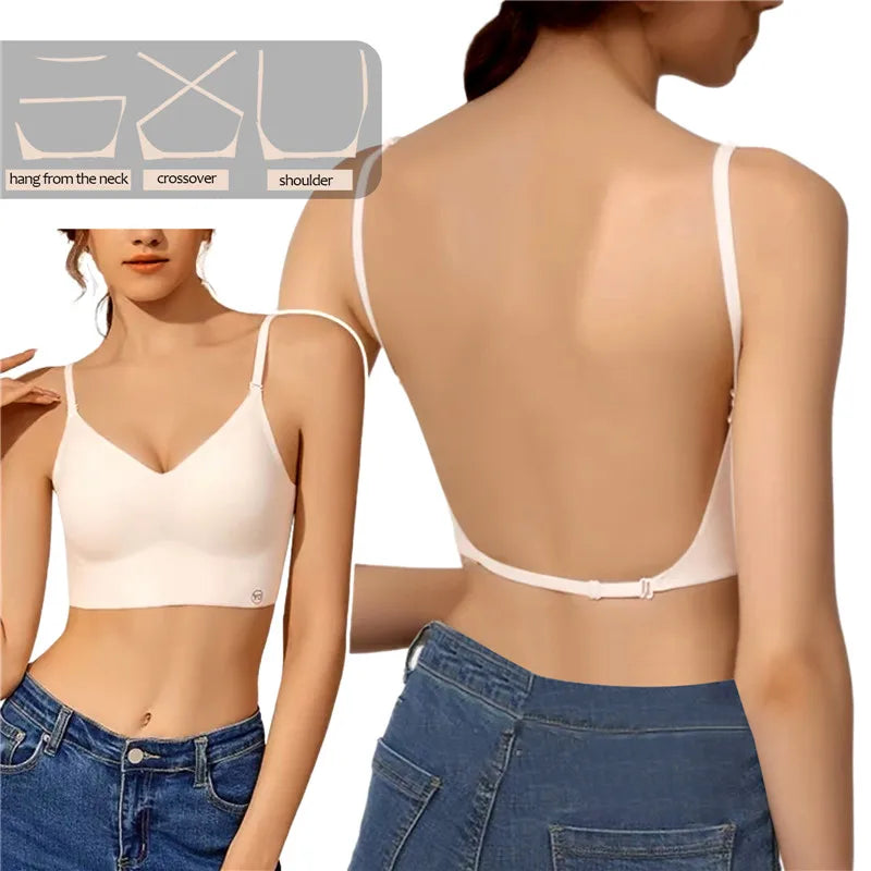 Sujetador Invisible de realce con espalda descubierta para mujer, sujetadores sexys de corte bajo, ropa interior de boda con espalda abierta, lencería sin costuras 2024