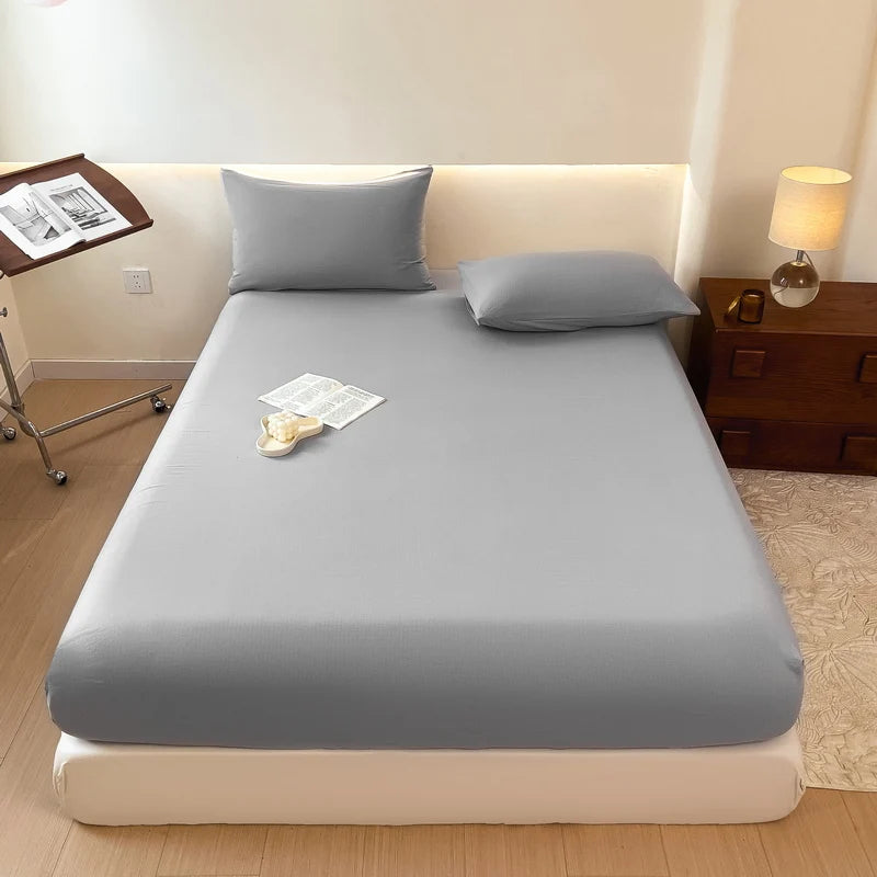 Sábana bajera de algodón lavada con funda de almohada, bandas elásticas, Funda de colchón ajustable antideslizante para cama doble King y Queen