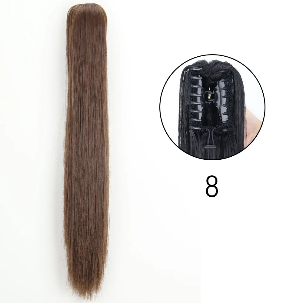 Extensiones de cabello de cola de caballo con Clip de garra larga y recta sintÃ©tica, pieza de cabello de cola de caballo resistente al calor de 24 pulgadas para mujer, fiesta diaria