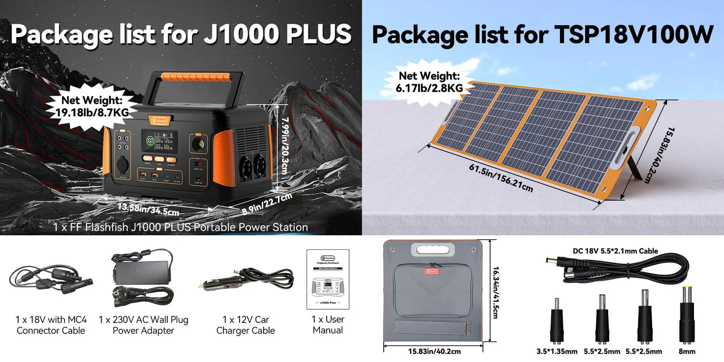 Estación de energía portátil de 1000W, batería de generador Solar de 932Wh con Panel Solar, Kit completo de 100W para el hogar, Camping, EV, RV