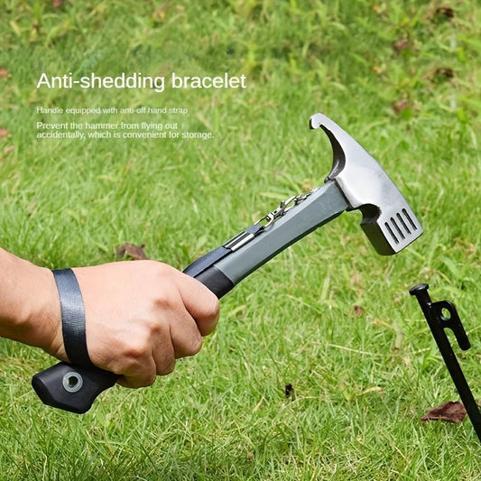 Martillo multiusos para acampar de alta resistencia con removedor de postes de tienda y cinturón de agarre de seguridad, herramientas esenciales para acampar y hacer senderismo al aire libre