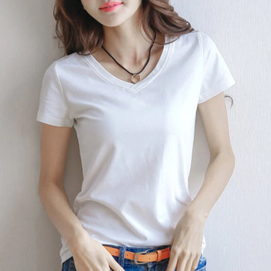 Camisetas manga corta para cortas de mujer, blusa informal de cuello redondo, Color sÃ³lido, negro/blanco, 2024