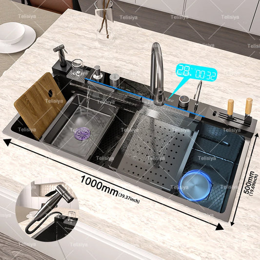 Fregadero de cocina de cascada de acero inoxidable, lavabo individual en relieve, pantalla Digital, lavabos multifuncionales Extra grandes, 100x50cm
