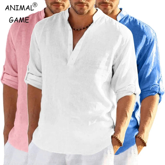 Nueva camiseta de manga larga de lino para hombre, camisa holgada informal transpirable de Color sÃ³lido, camisas de algodÃ³n para hombre, ropa de calle ligera de diseÃ±ador