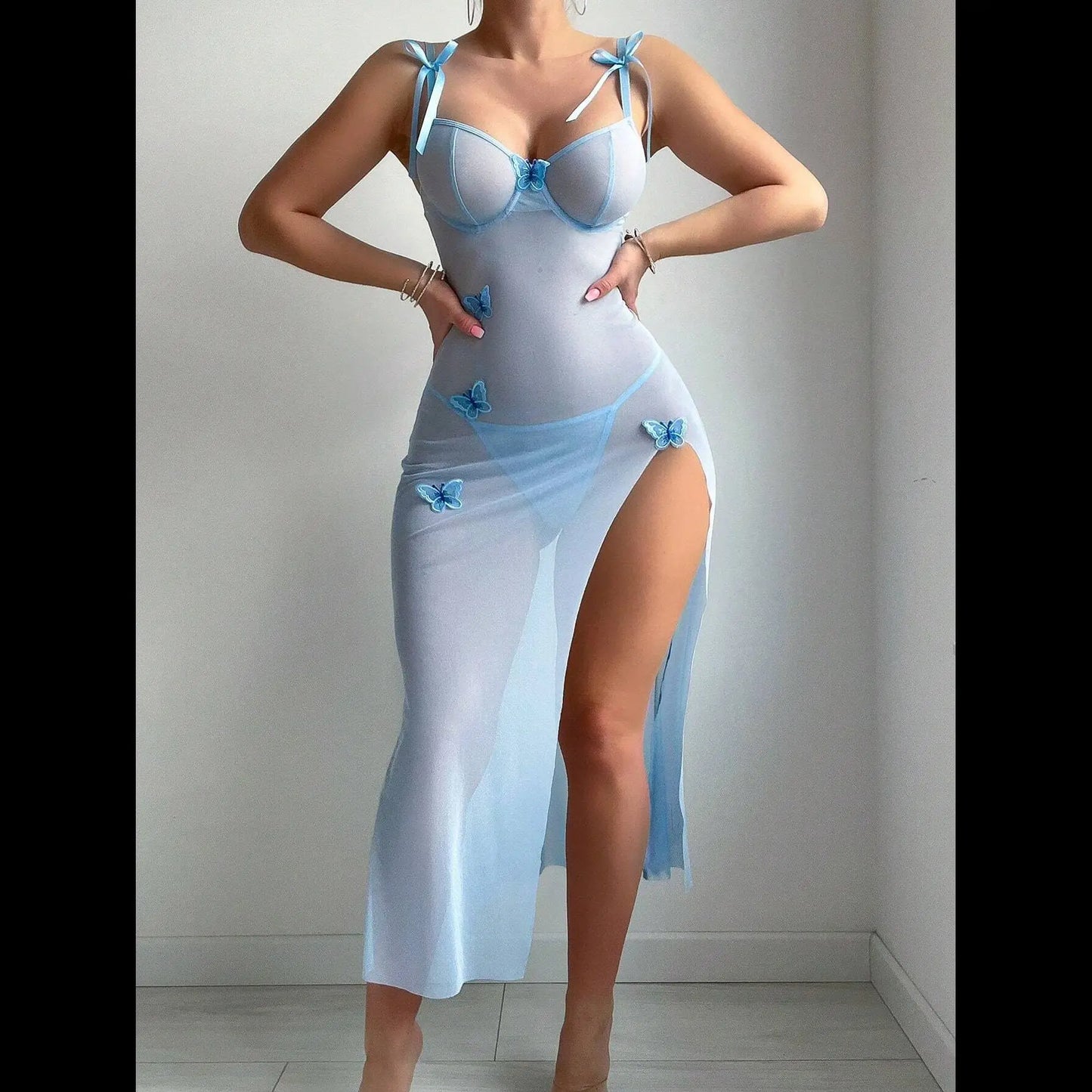 Lenceria Porn Sexy Tul Seductor Encaje Espalda Abierta y Abertura Alta Azul Claro LencerÃ­a Sexy Trajes De Mujer