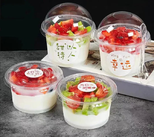 50/100 Uds. Taza de ensalada desechable de 250ML, vasos de postre de plástico transparente, recipiente con cúpula/tapas planas para helado y magdalenas