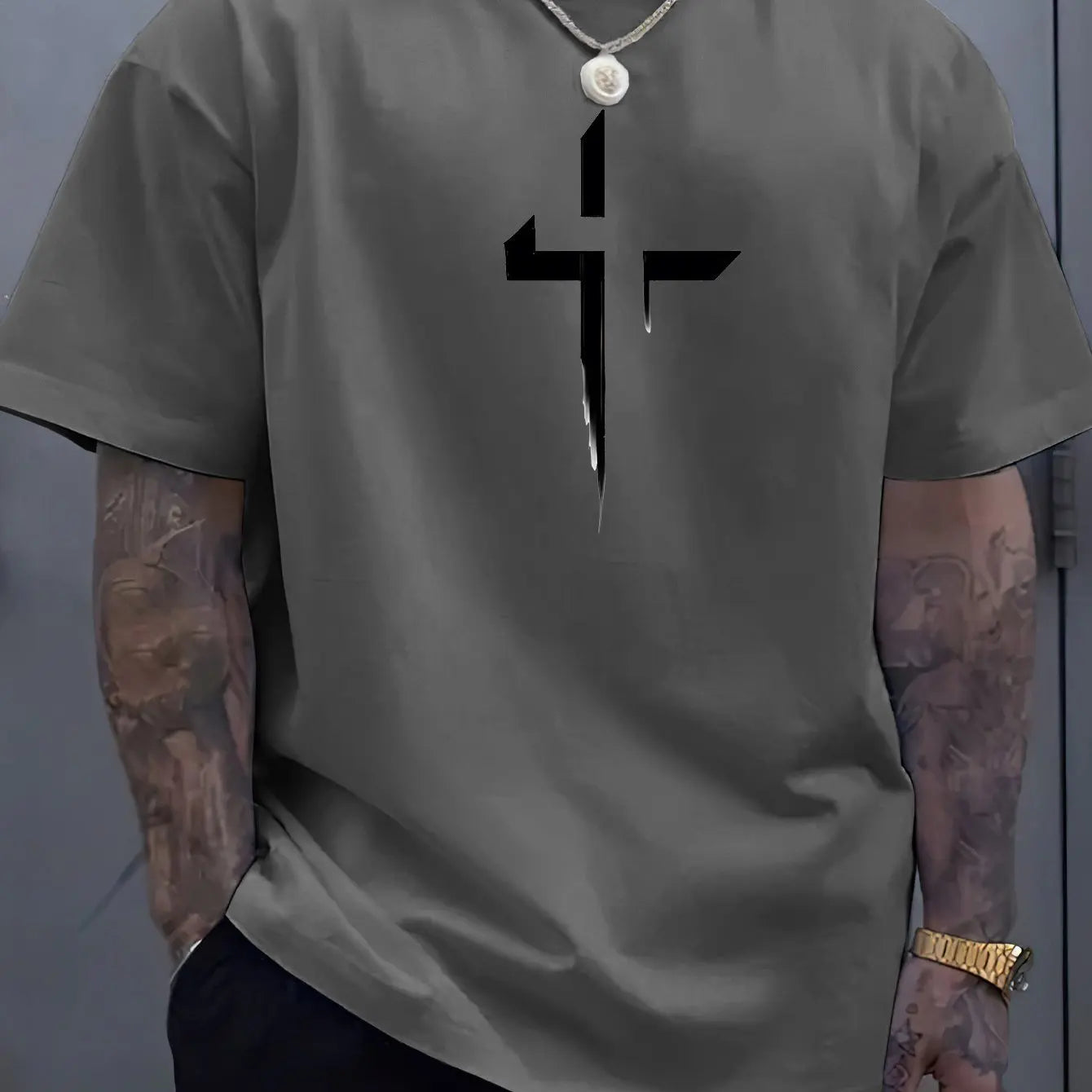 Camiseta de manga corta con cuello redondo para hombre, 100% de algodÃ³n puro, informal, holgada, de talla grande, con estampado creativo cruzado, deportiva, cÃ³moda, de verano