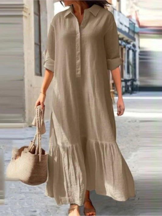 Vestido informal de manga larga para mujer, vestido de oficina para mujer, moda Primavera Verano, vestido camisero liso elegante, vestidos para mujer 2024