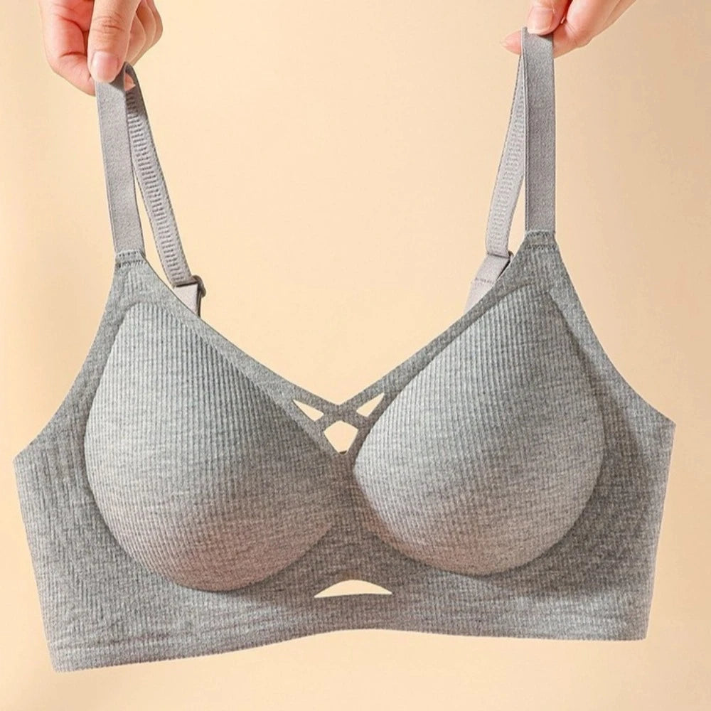 Sujetador Simple fino hueco sin costuras para mujer, sujetador inalámbrico antiflacidez con escote en V profundo, lencería, sujetador a prueba de golpes para gimnasio