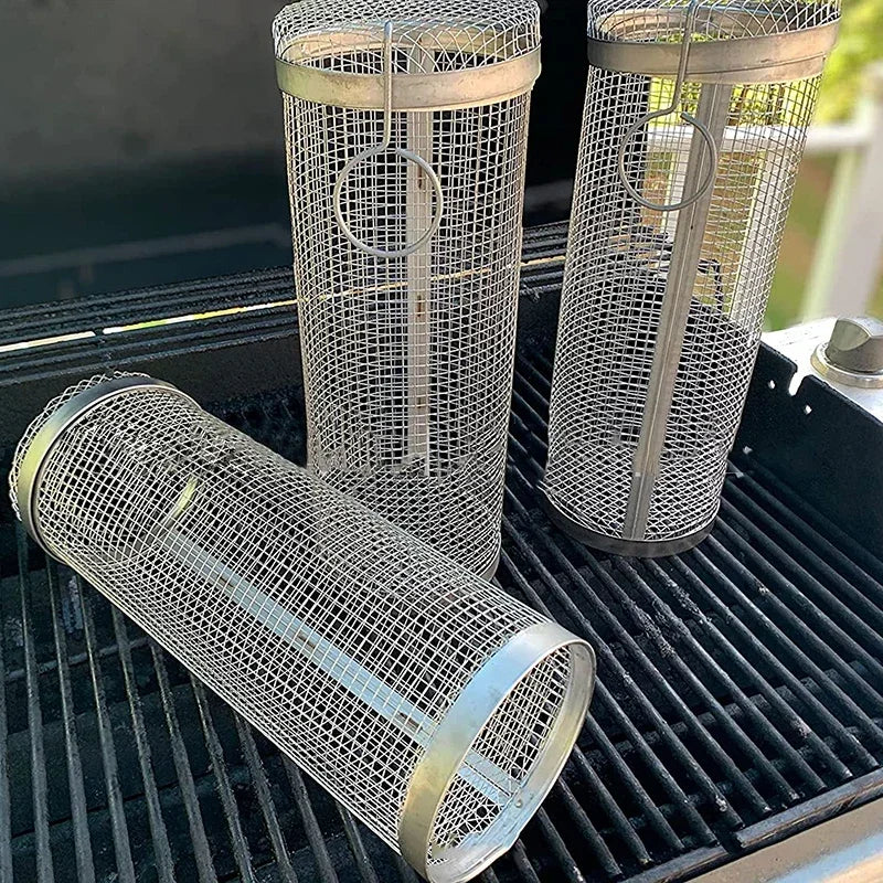 Cesta para parrilla de barbacoa, cesta rodante para asar, jaulas para barbacoa, parrilla cilÃ­ndrica, cestas para asar para acampar al aire libre
