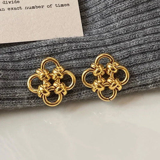 Plata de Ley 925 auténtica pendiente de trébol con nudo hueco de oro de 18K para mujer, joyería fina minimalista, accesorio de planta de moda