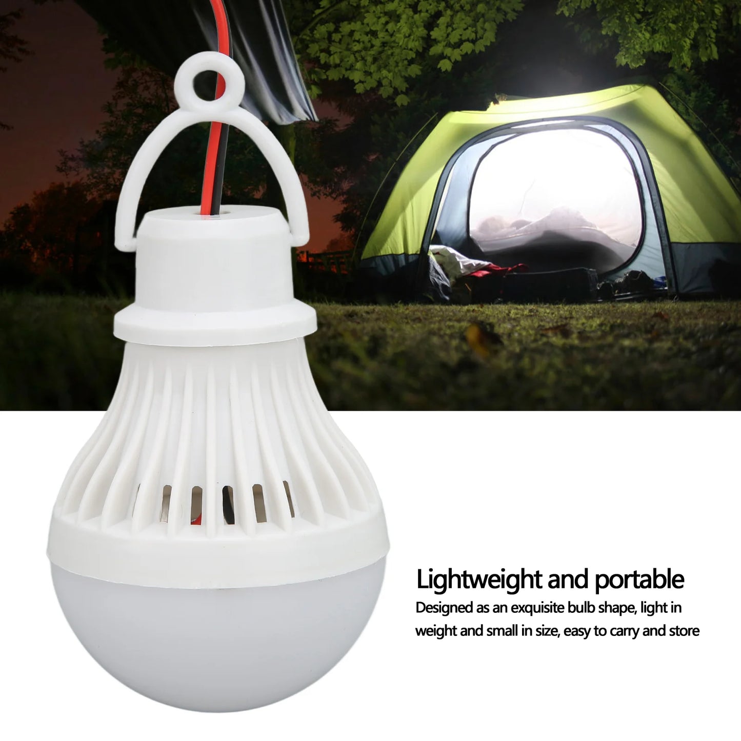 Linterna LED para tienda de campaña, bombilla de emergencia de plástico para exteriores con gancho para senderismo, pesca, bombilla colgante para tienda de campaña de 12V y 5W