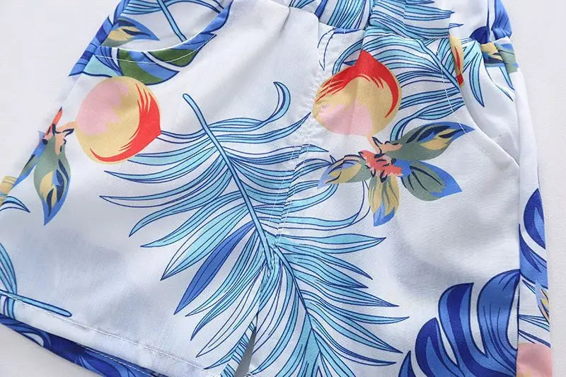 1 Juego de traje de viento de playa para niños y niñas, camisa estampada de manga corta + traje de pantalones cortos, ropa fina de verano para bebés