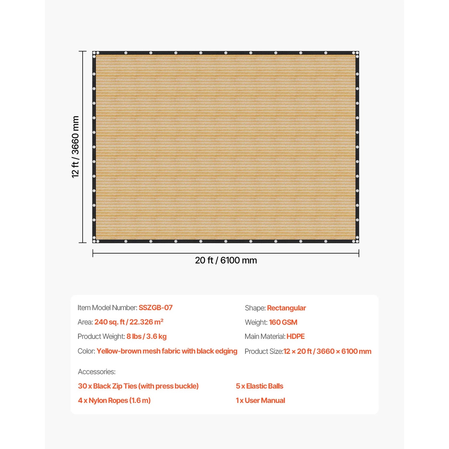 VEVOR Toldo de Sombra 305 x 305 cm Tela Parasol con Ojales de Acero Inoxidable Red de Sombreado HDPE 140 g/m² Tejido de Protección con 30 Bridas para Exteriores, Patios, Jardines, Terrazas, Negro