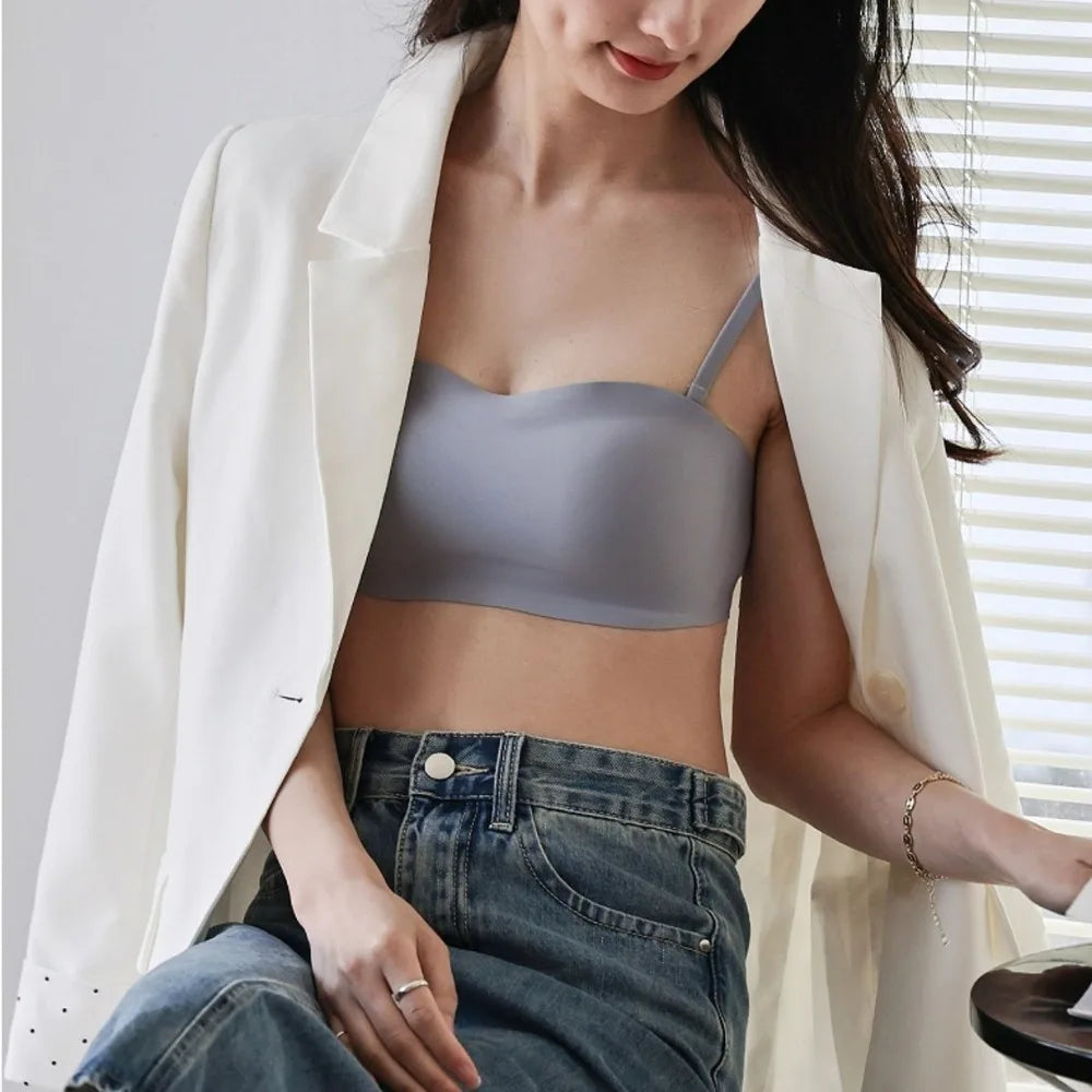 Sujetador envuelto sin tirantes de Color sólido, ropa interior Invisible antideslizante para mujer, lencería femenina fina para boda
