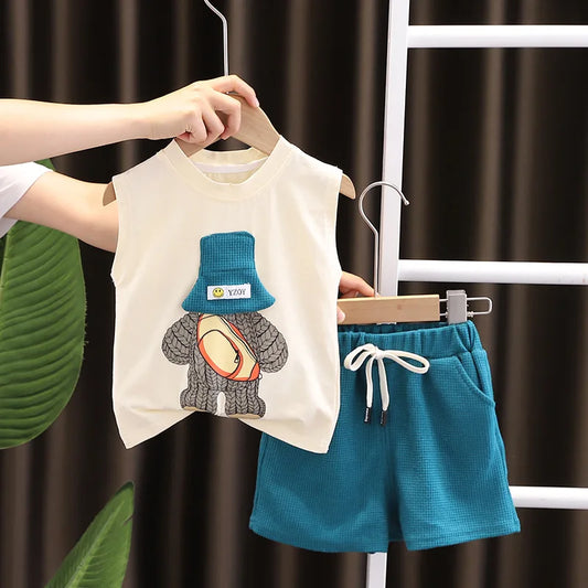 Conjuntos coreanos de verano para niños y niñas, chaleco sin mangas, pantalones cortos, traje, ropa para niños, trajes de moda, disfraz para niños