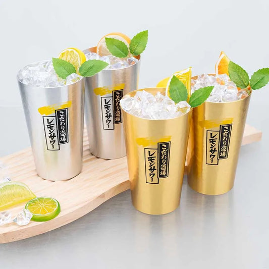 Juego de tazas de cerveza de aluminio de estilo japonés, 450ml, taza para beber reutilizable dorada y plateada para cerveza, agua, jugo, uso en fiestas de acampada al aire libre