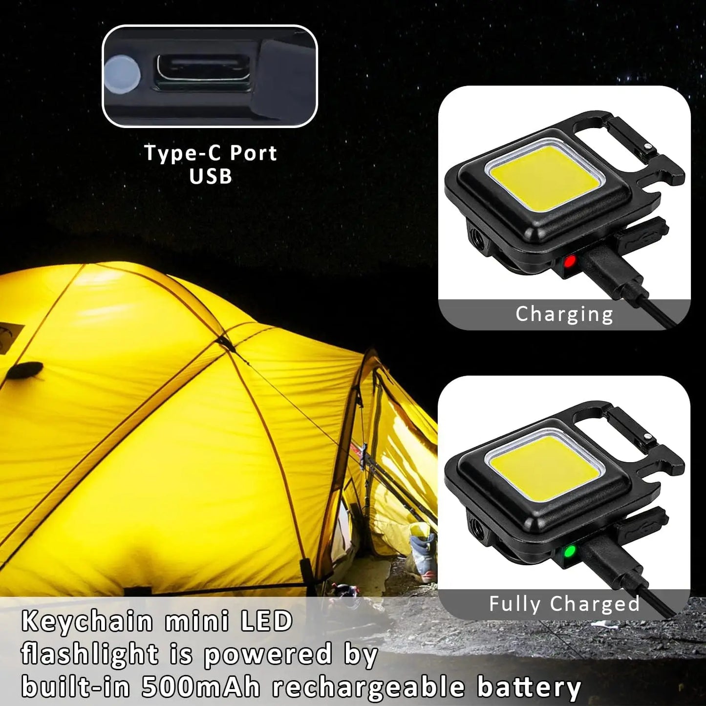 Linterna LED superbrillante, soporte plegable de 1500LM, llavero con abrebotellas, luz impermeable recargable por USB, herramienta para acampar al aire libre