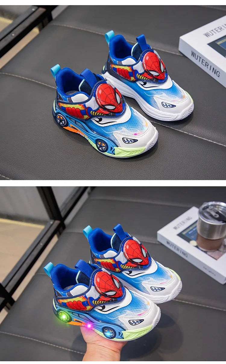 Zapatos para niños, zapatillas de deporte de Spiderman con luces LED de dibujos animados a la moda para niños, zapatos deportivos antideslizantes transpirables para estudiantes, talla 26-35
