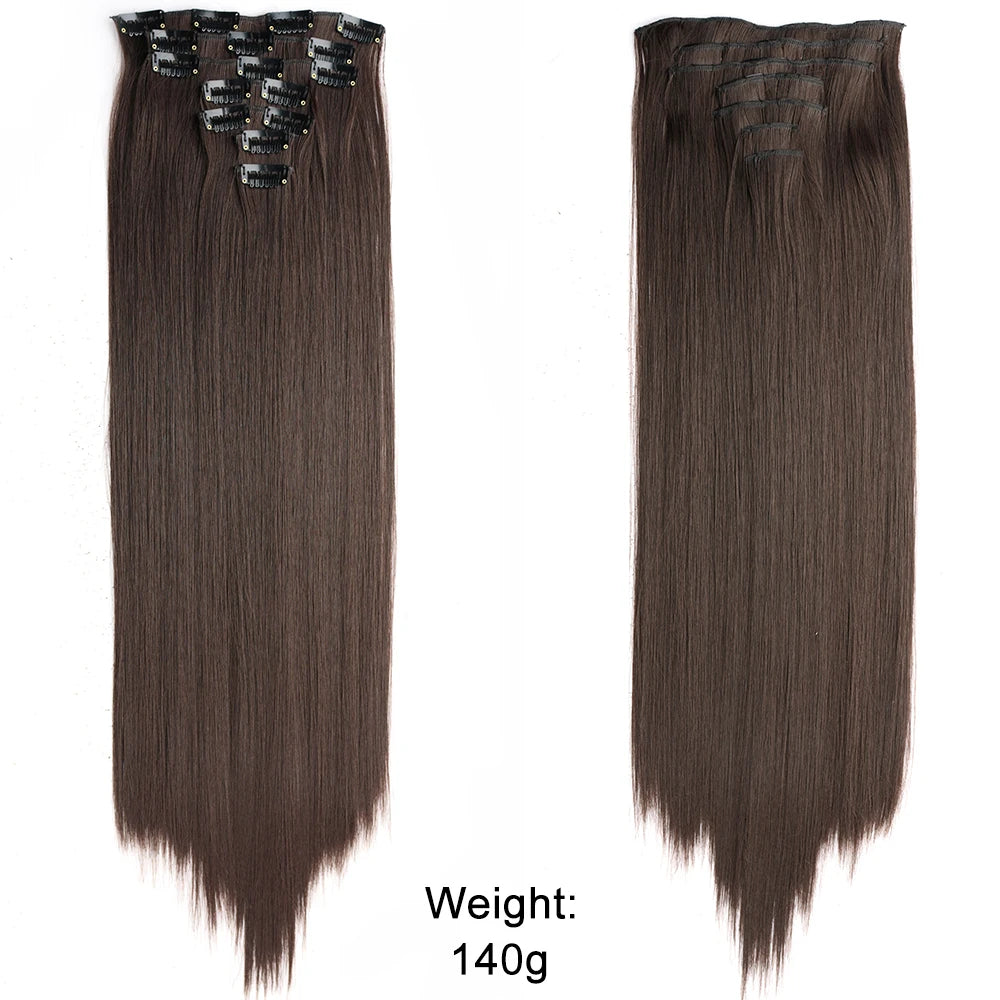 7 unids/set 16 Clips extensiÃƒÂ³n de cabello negro largo liso pelo Natural Ombre peluca fibra resistente al calor para peinado de mujer