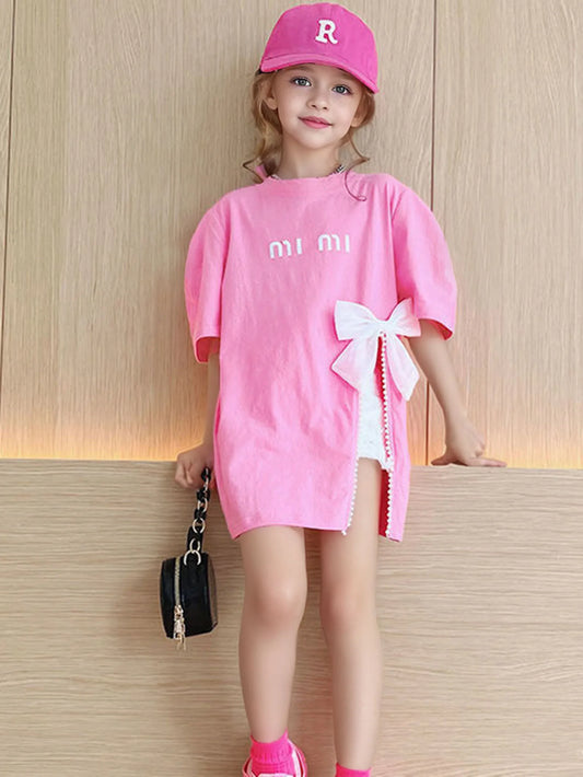 Camiseta elegante de longitud media estilo callejero de verano para niÃƒÂ±as, tops infantiles con diseÃƒÂ±o de hendidura adornada con lazo para niÃƒÂ±as de 3 a 12 aÃƒÂ±os