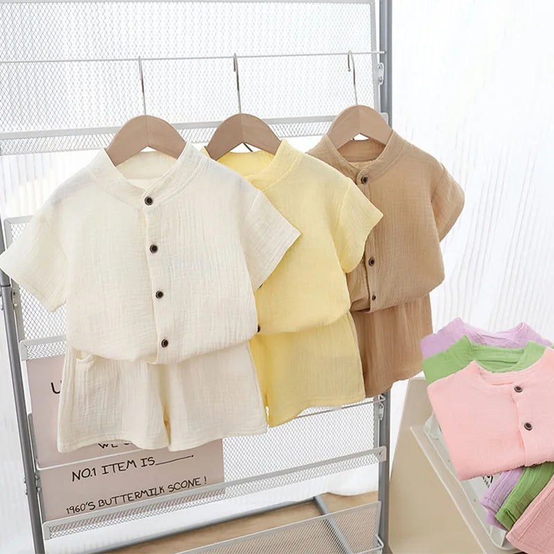 1 Juego de ropa de verano para niños y niñas, camisetas de algodón puro liso + pantalones cortos elásticos, ropa para niños, conjuntos de ropa informal para niños