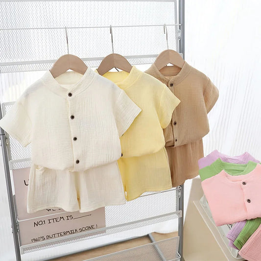 1 Juego de ropa de verano para niños y niñas, camisetas de algodón puro liso + pantalones cortos elásticos, ropa para niños, conjuntos de ropa informal para niños