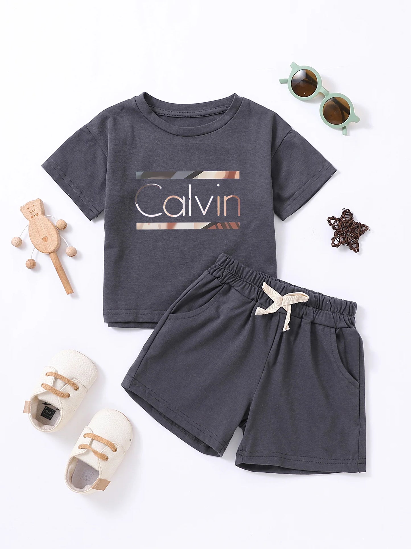Trajes con estampado de letras Calvin para niños, camisetas de algodón + Pantalones cortos, conjuntos de ropa de 2 uds., trajes de moda para niños y niñas de 1 a 7 años