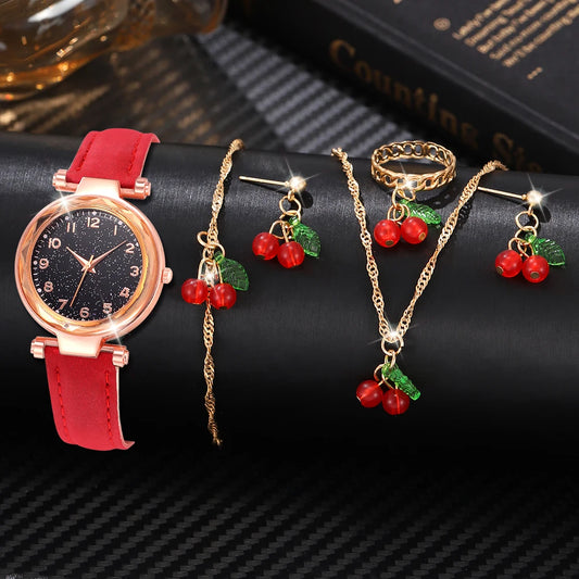 6 unids/set reloj rojo para mujer con elementos minimalistas Dial reloj de cuarzo correa de látex elementos de cereza conjunto de joyería regalo para niña