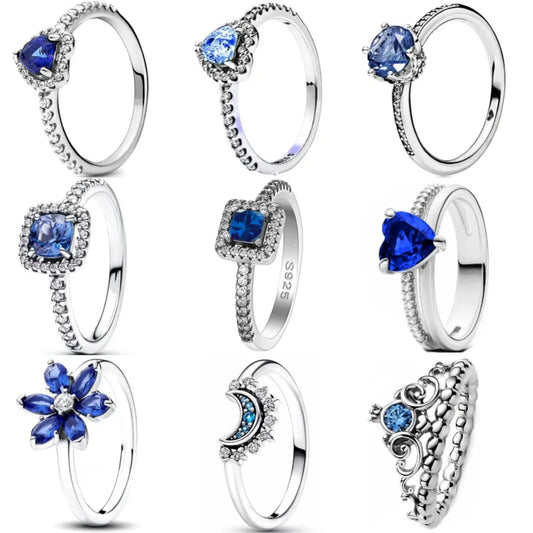 Anillo de Plata de Ley 925 azul para mujer, accesorios de joyería originales de moda, Luna, copo de nieve, corazón, regalos, Patry de boda