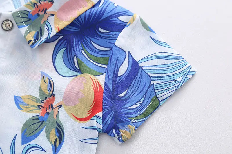 1 Juego de traje de viento de playa para niños y niñas, camisa estampada de manga corta + traje de pantalones cortos, ropa fina de verano para bebés