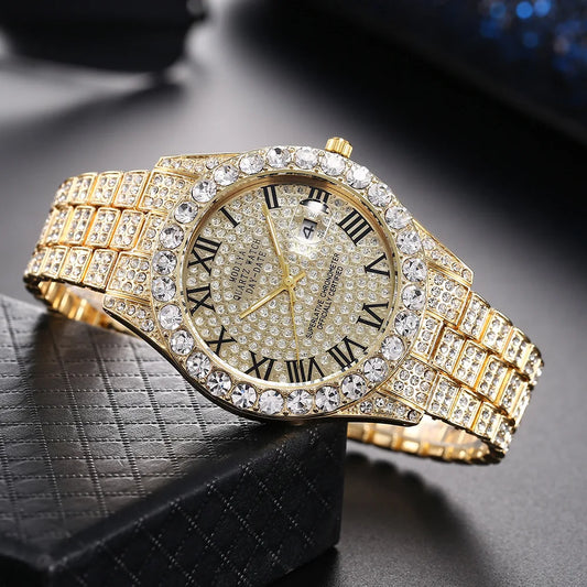 Reloj de cuarzo con correa de acero dorado para hombre, cronÃƒÂ³grafo clÃƒÂ¡sico de lujo, con calendario de diamantes de imitaciÃƒÂ³n, a la moda