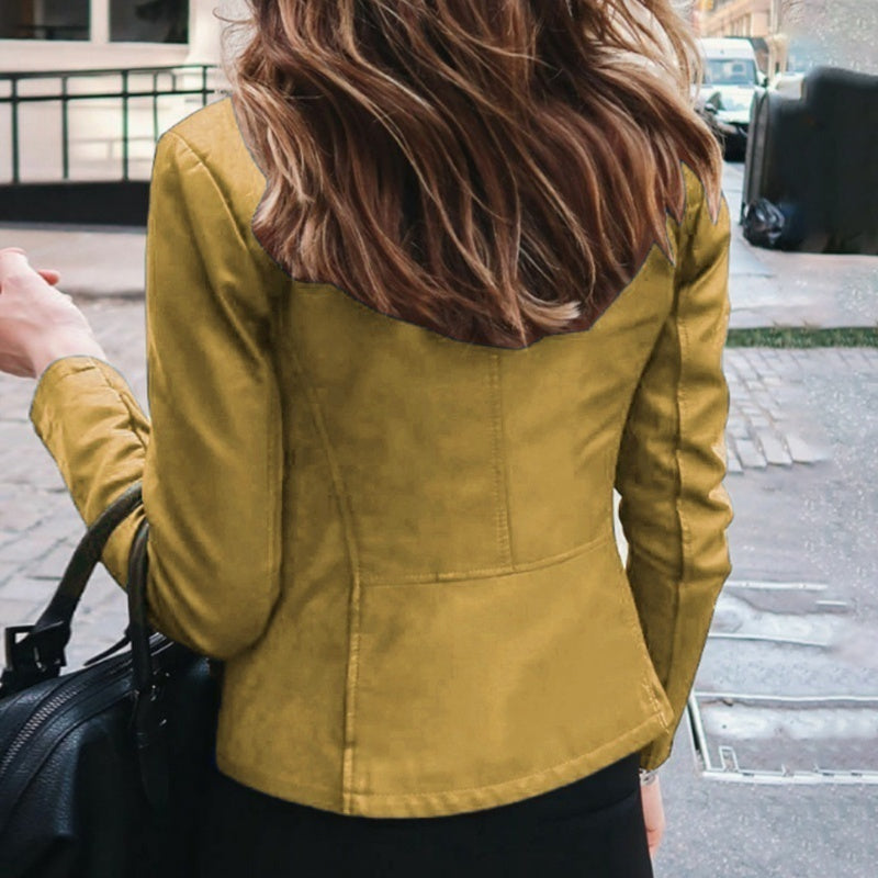 Chaqueta ajustada de piel sintética para mujer, chaqueta clásica de motociclista de PU, abrigo básico con cremallera para primavera y otoño