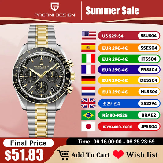 Relojes PAGANI DESIGN Moon para hombre, reloj de cuarzo dorado de lujo para hombre AR con espejo de zafiro VK63, relojes de pulsera luminosos, novedad de 2025