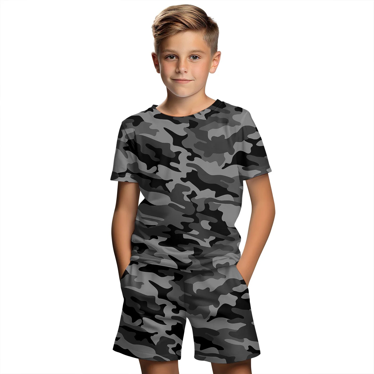 Traje de ropa para niÃƒÂ±os con estampado de camuflaje 3D, conjunto de camiseta de manga corta de verano, pantalones cortos, ropa para niÃƒÂ±o y niÃƒÂ±a, conjuntos para niÃƒÂ±os