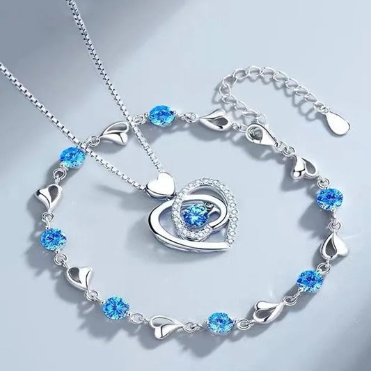 Conjunto de pulsera y collar con forma de corazÃ³n de Plata de Ley 925 para mujer, pulseras de cristal azul coreano Vintage, conjunto de joyerÃ­a para fiesta