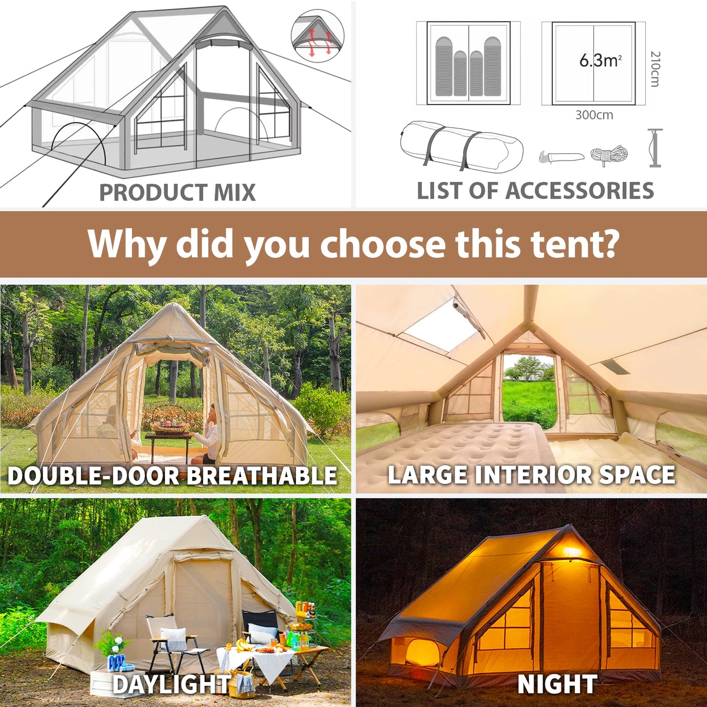 Tienda inflable para acampar con bomba manual, tienda de campaÃ±a, tienda de campaÃ±a Glamping, tienda de aire de 4 estaciones, fÃ¡cil instalaciÃ³n, impermeable, Oxford al aire libre