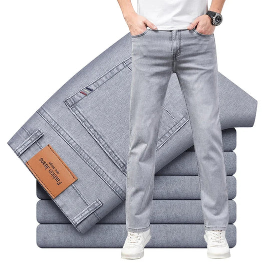 Pantalones vaqueros finos de algodÃ³n elÃ¡stico para hombre, pantalÃ³n informal, recto, cÃ³modo, color gris, a la moda, para verano