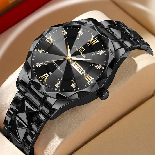Reloj para hombre con diamantes de agua, lujo, brillo nocturno, doble calendario, movimiento de cuarzo, 41mm, oro azul, acero inoxidable, reloj de negocios de moda