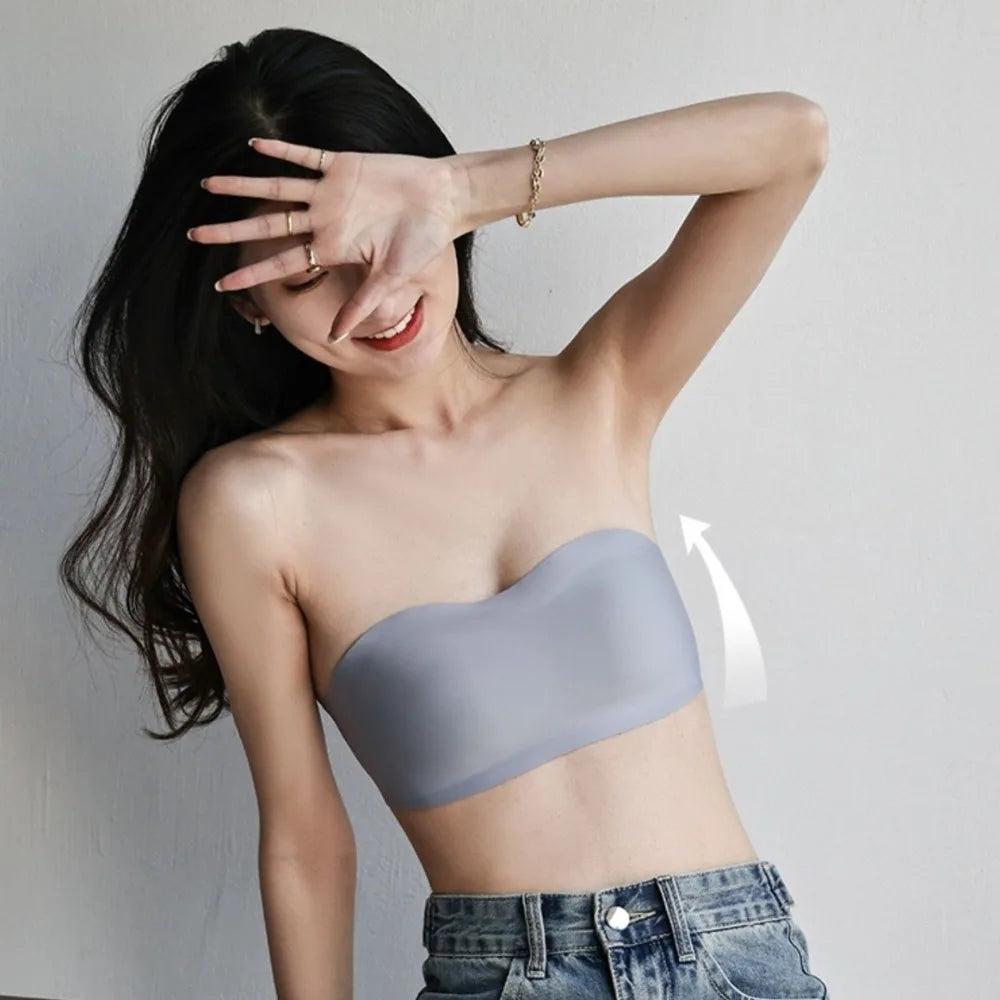 Sujetador envuelto sin tirantes de Color sólido, Bralette Invisible antideslizante de realce, anillo sin acero, ropa interior fina para mujer, boda