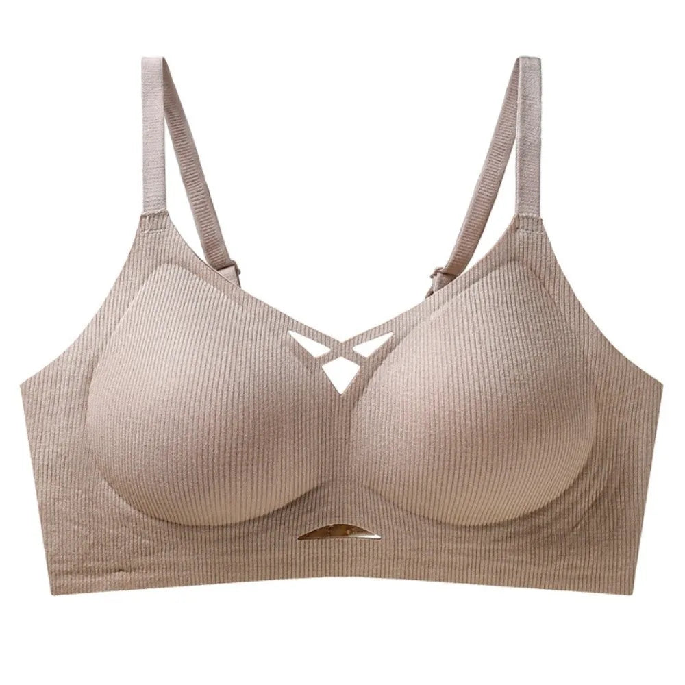 Sujetador Simple fino hueco sin costuras para mujer, sujetador inalámbrico antiflacidez con escote en V profundo, lencería, sujetador a prueba de golpes para gimnasio