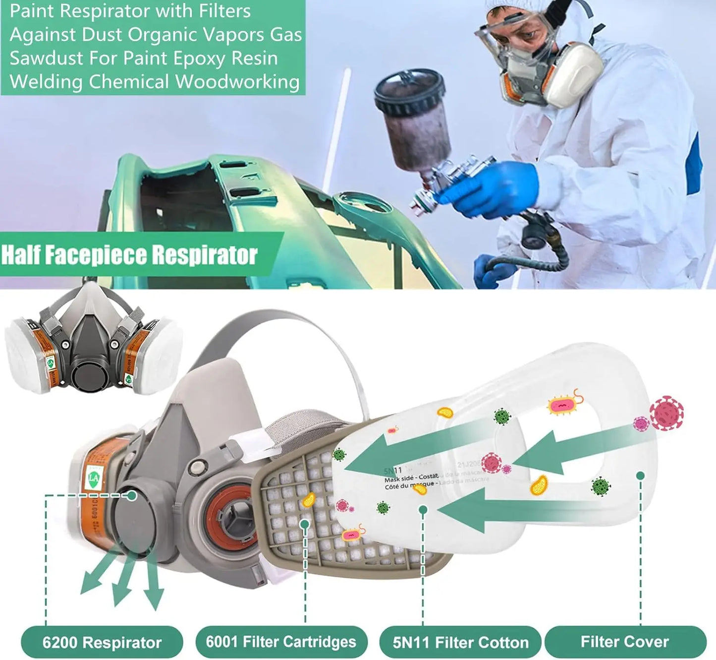 Respirador facial completo reutilizable, mÃƒÂ¡scara en aerosol 6200 para pulverizaciÃƒÂ³n, pintura, pulido quÃƒÂ­mico, soldadura, protecciÃƒÂ³n para el trabajo de carpinterÃƒÂ­a