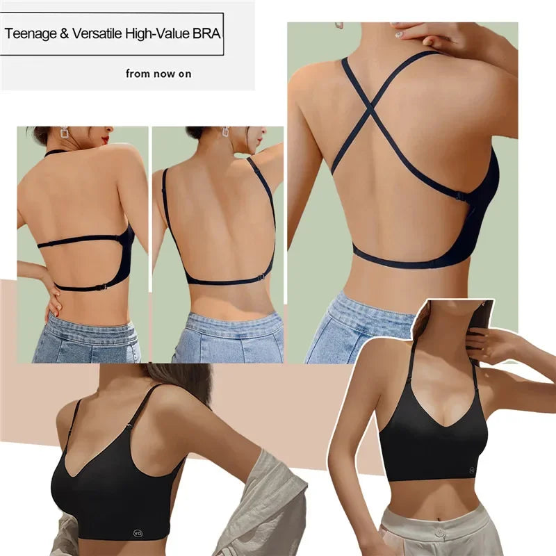 Sujetador Invisible de realce con espalda descubierta para mujer, sujetadores sexys de corte bajo, ropa interior de boda con espalda abierta, lencería sin costuras 2024