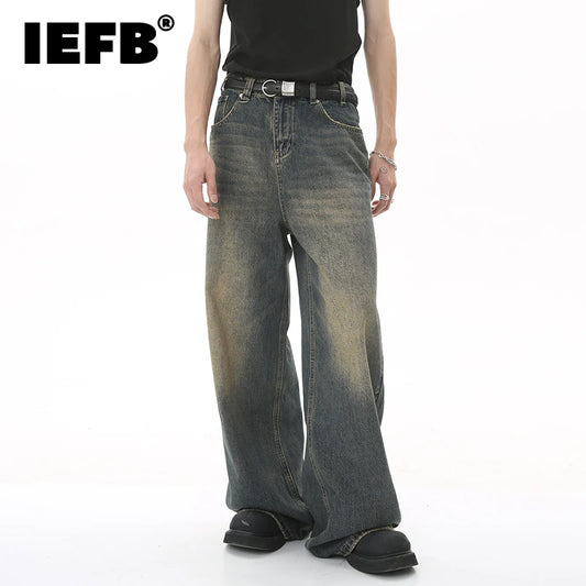 IEFB, pantalones vaqueros de verano para hombre, pantalones vaqueros lavados de color azul viejo para hombre, ropa informal recta para hombre, pantalones sueltos de pierna ancha, nueva moda 9C354