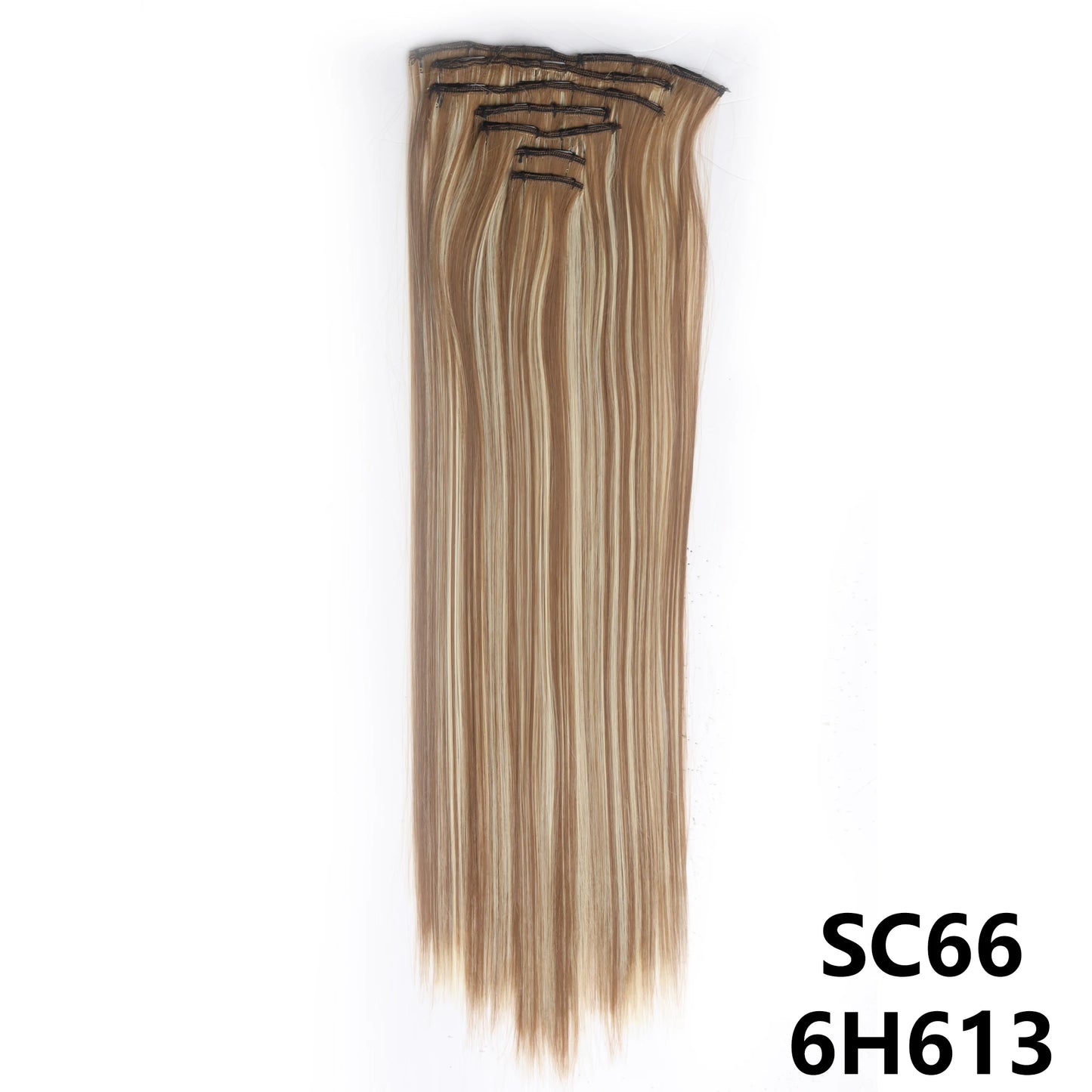 Extensiones de cabello sintÃƒÂ©tico largo y recto para mujer, 16 Clips, 7 unidades/juego, fibra de alta temperatura, negro, marrÃƒÂ³n, Rubio
