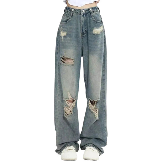 Vaqueros Retro americanos perforados con agujeros para mujer, pantalones de cintura alta con entrepierna recta, diseÃ±o holgado y delgado, pantalones de arrastre de pierna ancha con vibraciÃ³n de calle alta
