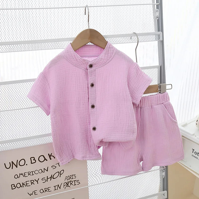 1 Juego de ropa de verano para niños y niñas, camisetas de algodón puro liso + pantalones cortos elásticos, ropa para niños, conjuntos de ropa informal para niños