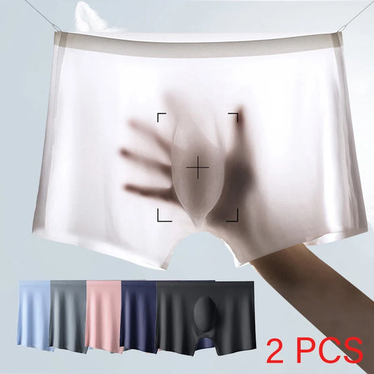 2 unids/lote de bragas ultrafinas para hombre, Boxers de seda helada de verano, ropa interior, pantalones cortos de lencería, calzoncillos sexis transpirables sin costuras